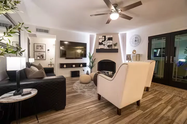 family room with indoor fireplace